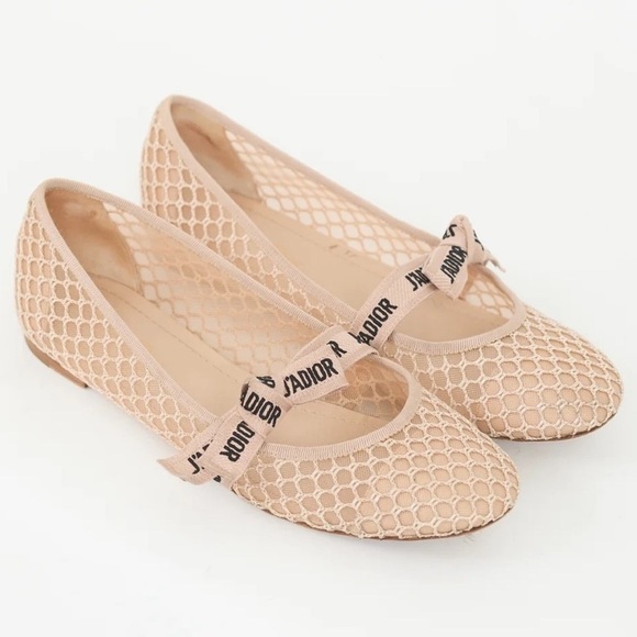 Dior Shoes - Dior J'Adior Logo Ribbon Beige Leather Mesh Resille Mary Jane Ballet Flats